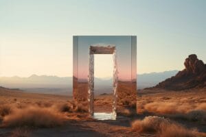 Rectangular portal in a desert landscape at sunset