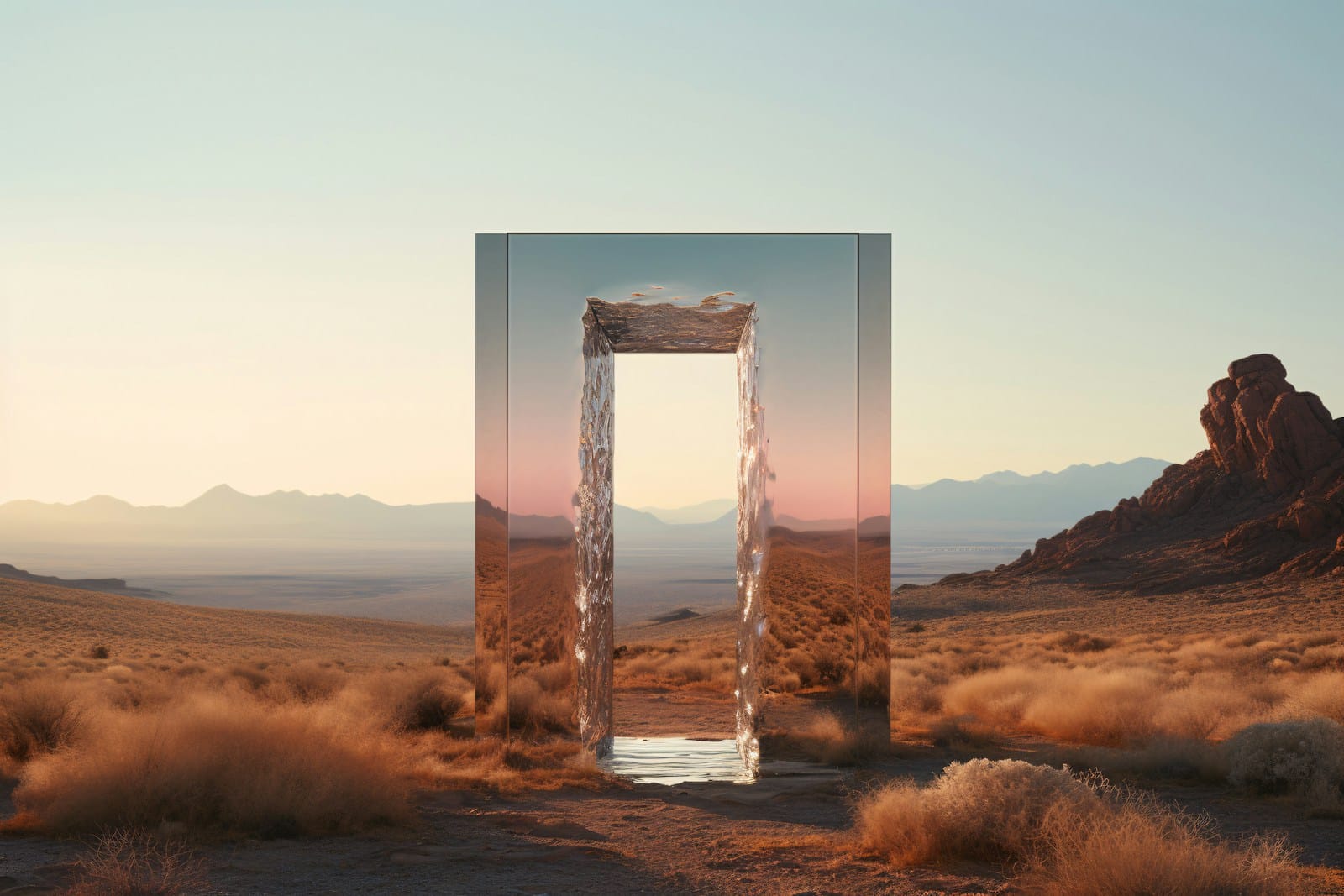 Rectangular portal in a desert landscape at sunset