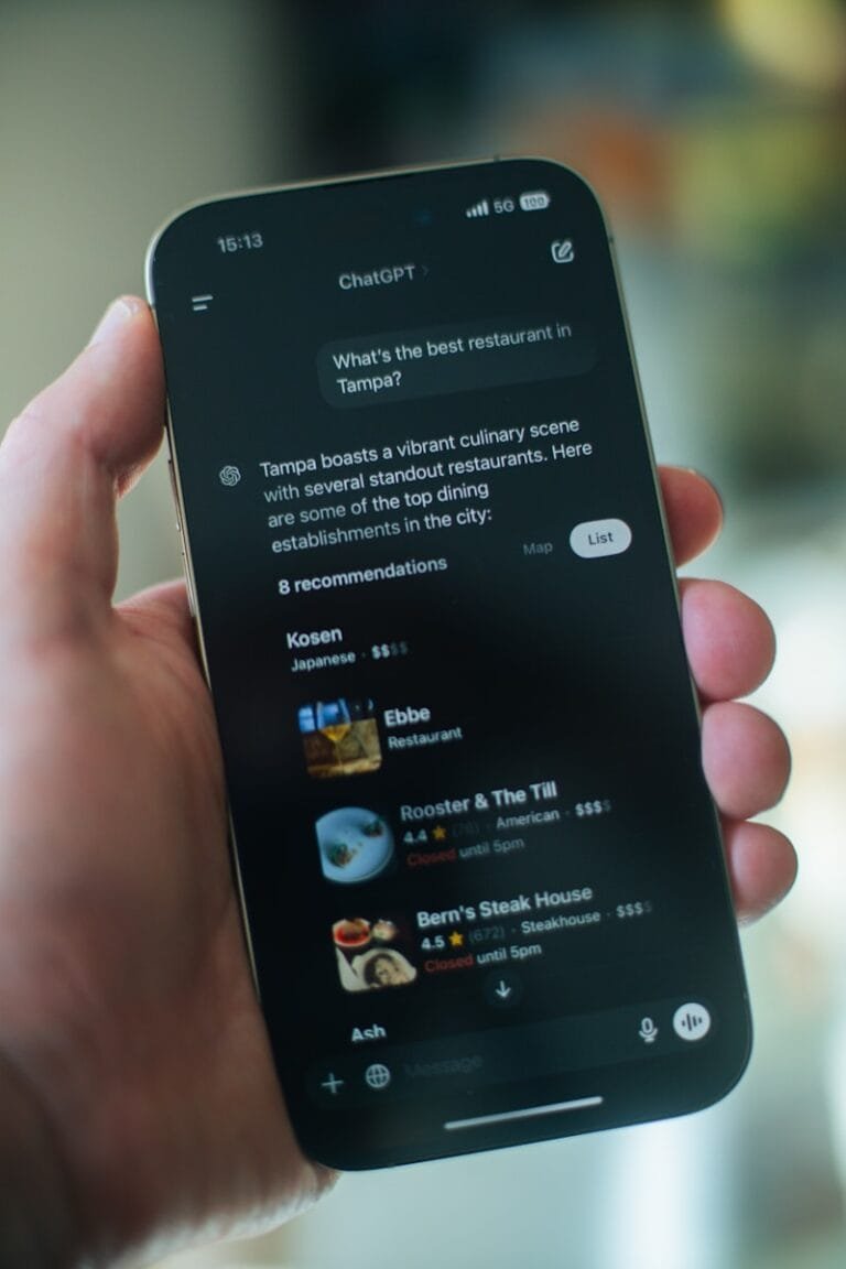 Chatgpt provides restaurant recommendations on a phone screen.